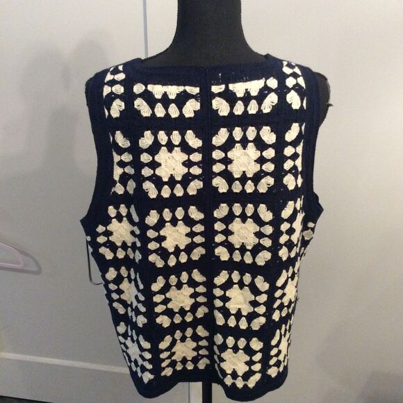 LC Lauren Conrad Granny Square Crocheted Vest Navy White XL - Picture 4 of 6